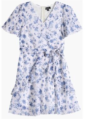 Zunie White and Blue Floral Tie-Waist Dress